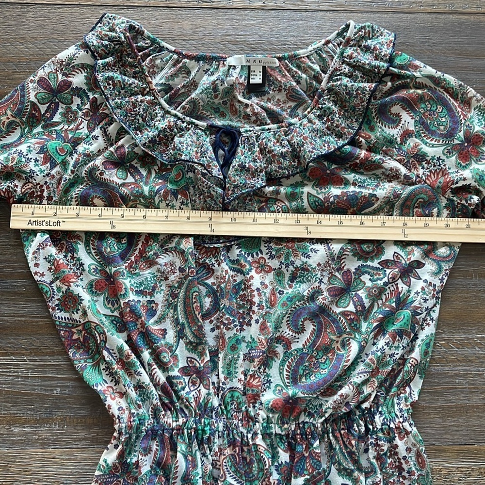 Mango Bohemian Sheer 3/4 Sleeve Paisley Print Tie-neck Blouse Top Size S V Neck - Picture 7 of 9